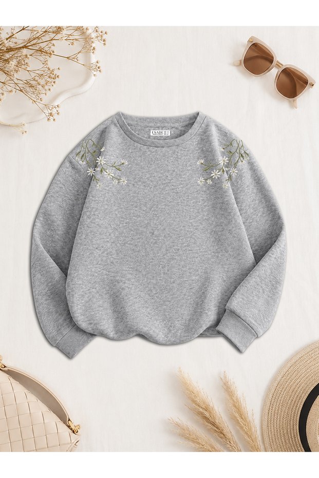 Women's Green Branch Shoulder Printed Comfortable Fit Crew Neck Gray Sweatshirt