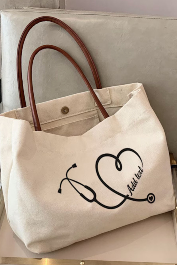 Canvas Doctor Nurse Written Shoulder Bag Large Volume Brown Handle Daily Tote Bag