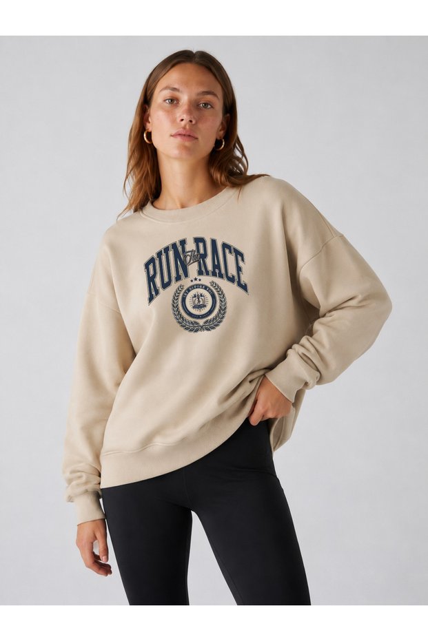 Women's Run the Race Written Printed Comfortable Fit Crew Neck Beige Sweatshirt