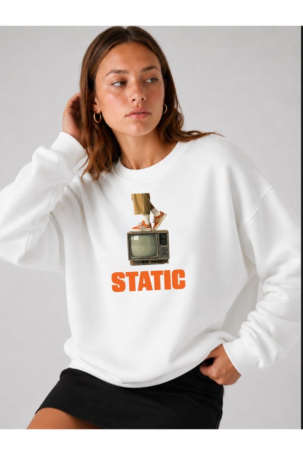Women's Static Written Television Printed Graphic Comfortable Fit Crew Neck White Sweatshirt