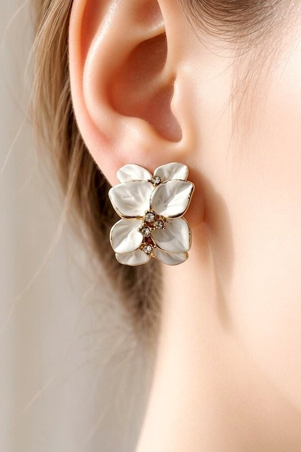 Premium Glass Stone White Flower Shaped Women's Earrings Double Piece Handmade Earrings