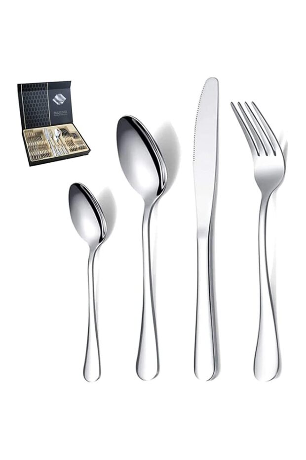 ALMEKAQUZ Silverware Set, 24-Piece Stainless Steel silver Flatware Set Service for 6, Iridescent Tableware Cutlery Set and High-grade Box (SILVER)