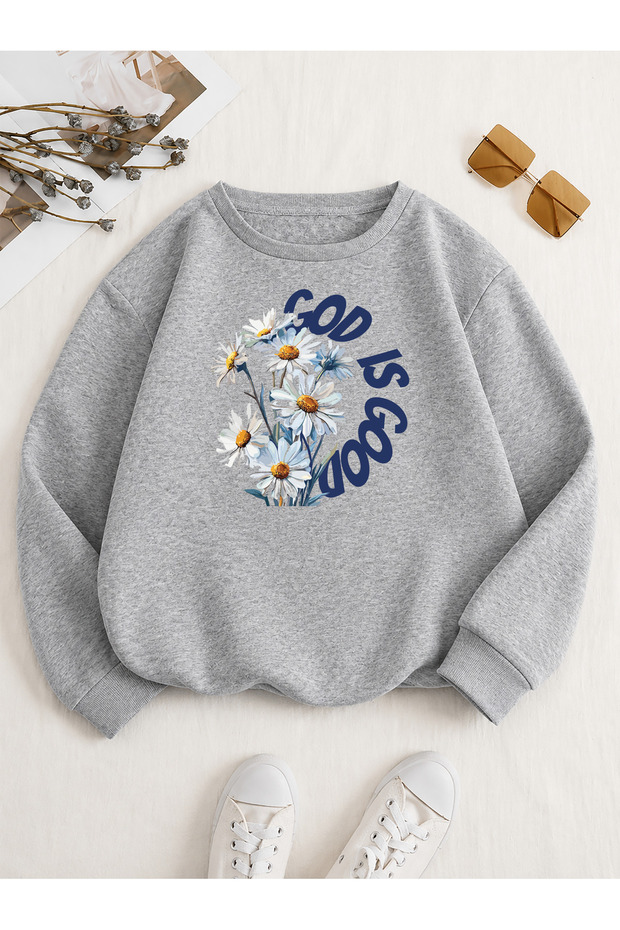 Good Is Papatya Printed Crew Neck Comfortable Fit Gray Sweatshirt