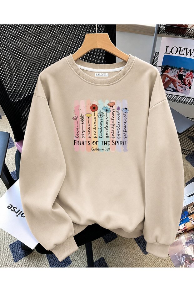 Women's Fruits Flower Special Design Graphic Printed Comfortable Fit Crew Neck Beige Sweatshirt