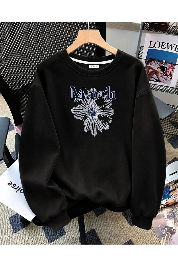 Women's Mardi Daisy Graphic Printed Comfortable Fit Crew Neck Black Sweatshirt