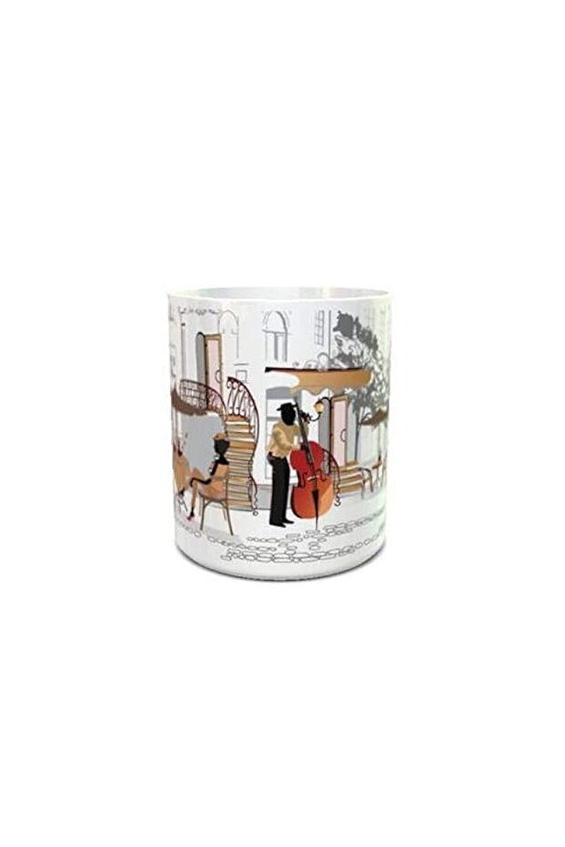 White Ceramic Coffee Mug with Street Cafe Design