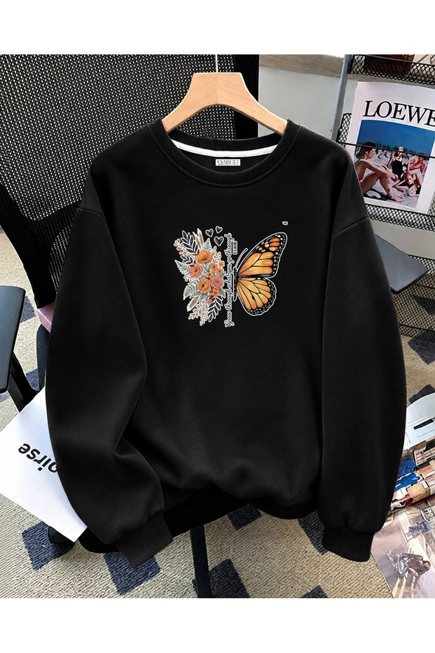 Women's Floral and Butterfly Special Design Printed Comfortable Fit Crew Neck Black Sweatshirt
