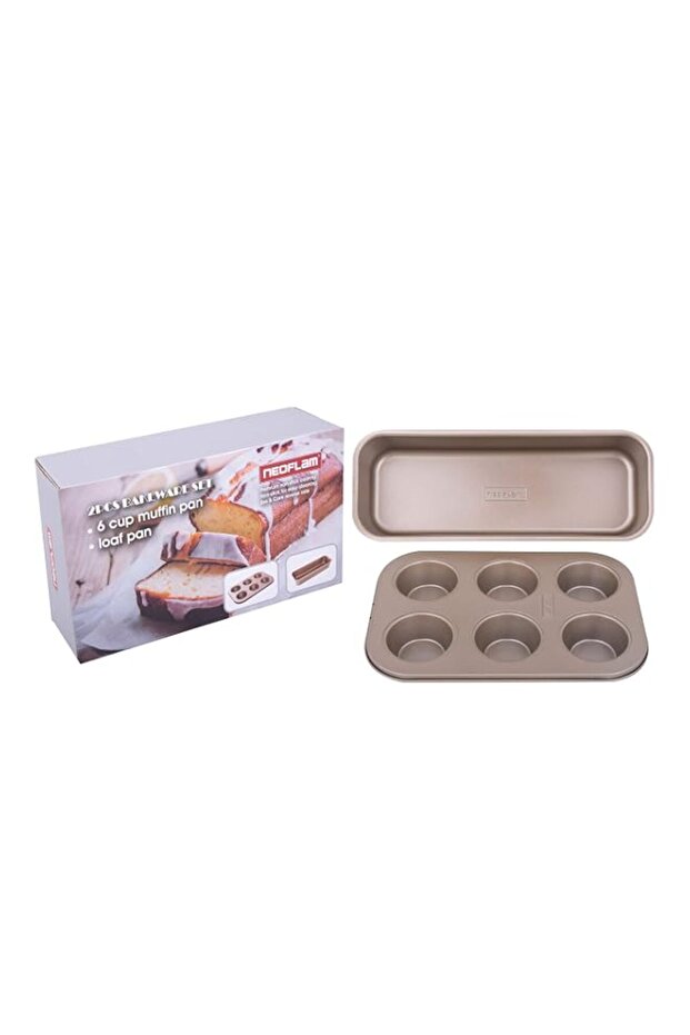 Neoflam,Baking ware 2 Pcs Set, (6 Muffin Pan + Loaf Pan) Gold color, non stick coating.