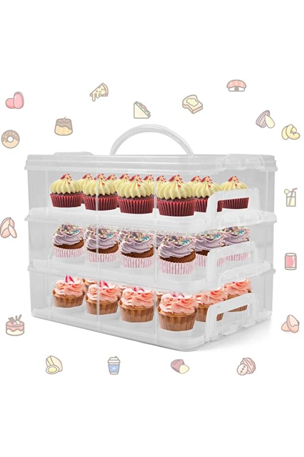 Cupcake Carrier, 3-Tiers Cupcake Containers, Holds 36 Cupcakes or 3 Large Cakes, Cupcake Holder, Cupcake Box with Lid and Handle (White, Basic)