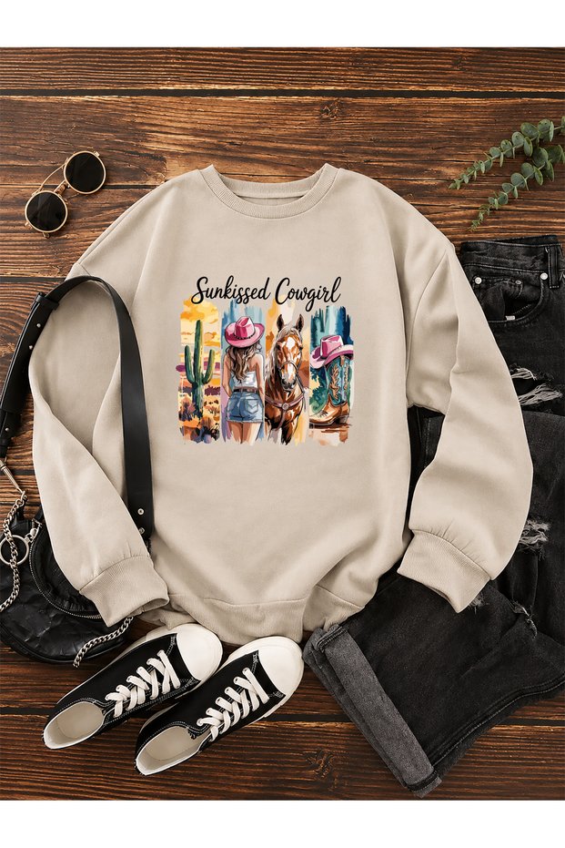 Women's Sunkissed Cowgirl Printed Crew Neck Beige Sweatshirt