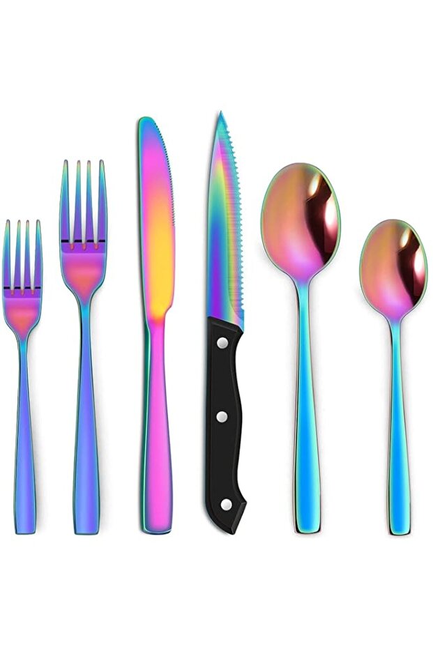 Arabest 24 Pieces Rainbow Silverware Set with Steak Knives for 4, Stainless Steel Flatware Cutlery Set For Home Kitchen Restaurant, Dishwasher Safe
