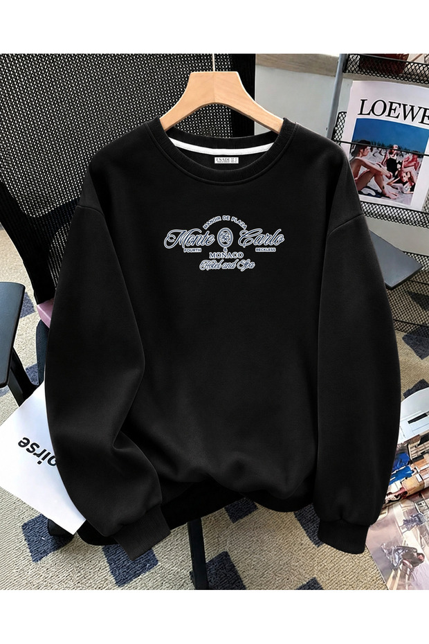 Women's Monte Monaco Text Printed Comfortable Fit Wool Crew Neck Black Sweatshirt