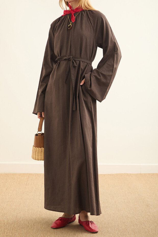 Drawstring Linen Dress Brown