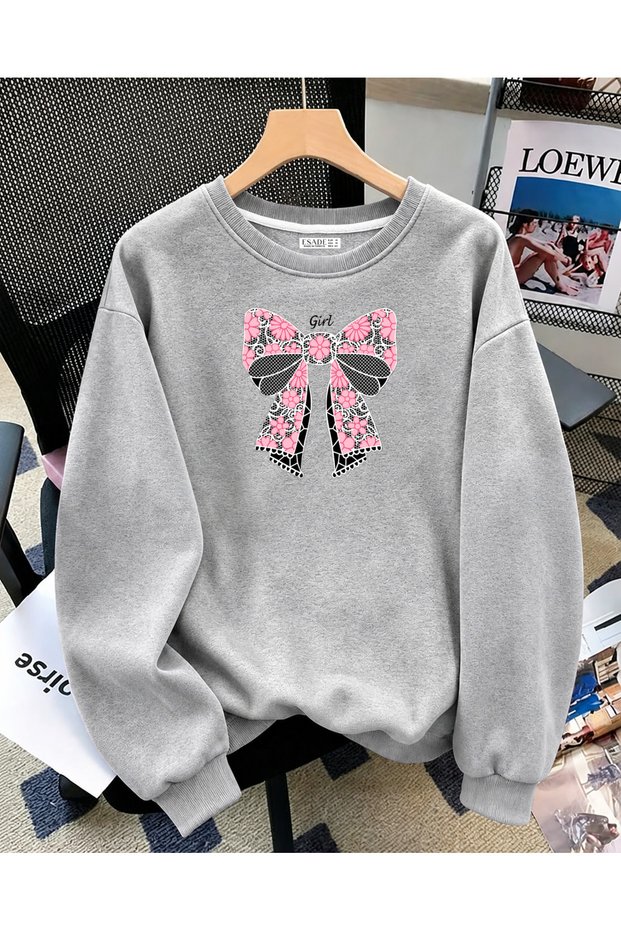 Women's Girl Pink Ribbon Printed Comfortable Fit Crew Neck Gray Sweatshirt
