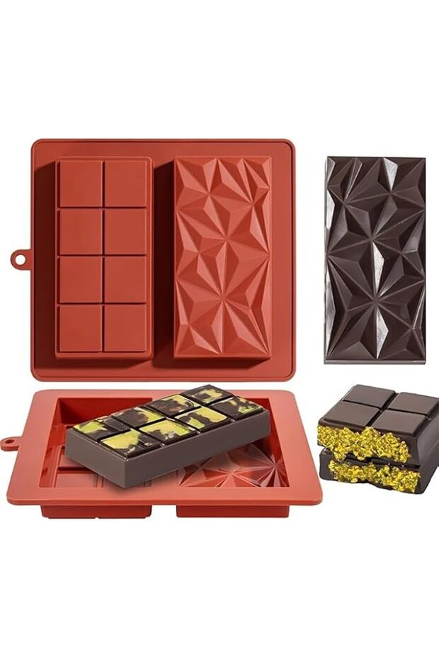 Silicone Chocolate Bar Mould Set, 2 Pieces, Deep Dubai Design, 7.5 x 8.25 Inch, Brown