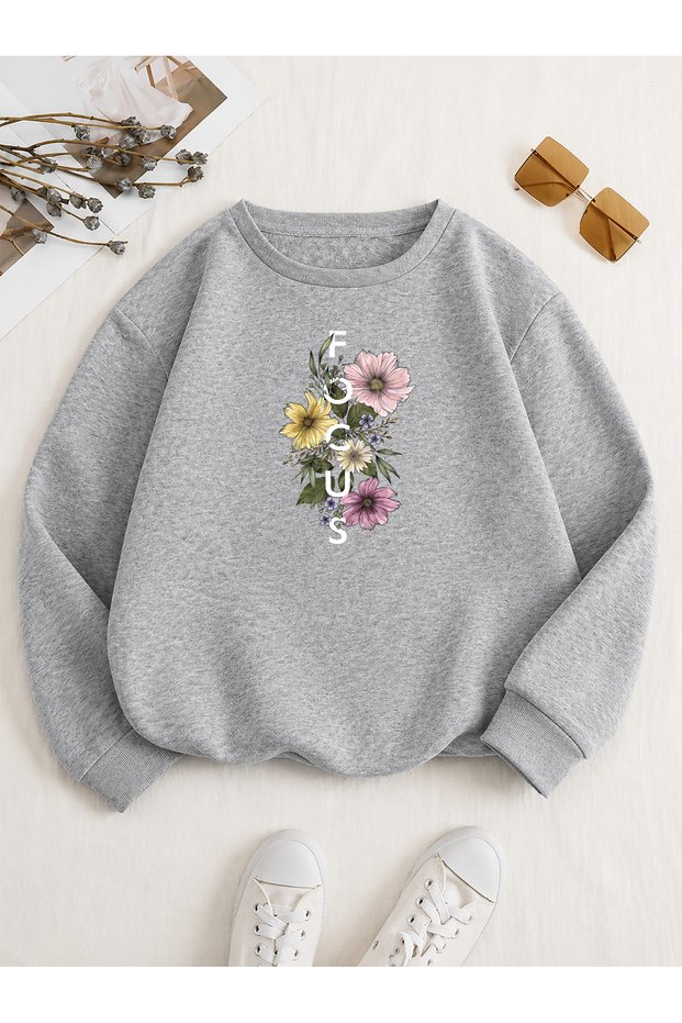 Focus Floral Printed Comfortable Fit Crew Neck Gray Sweatshirt