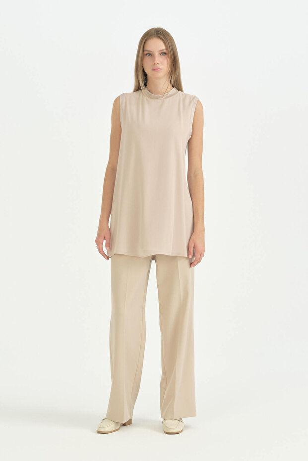 Chiffon Front Sleeveless Combed Cotton Undergarment - Stone