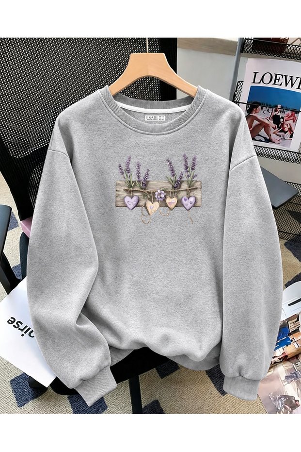 Women's Lavender and Heart Printed Comfortable Fitted Wool Crew Neck Gray Sweatshirt