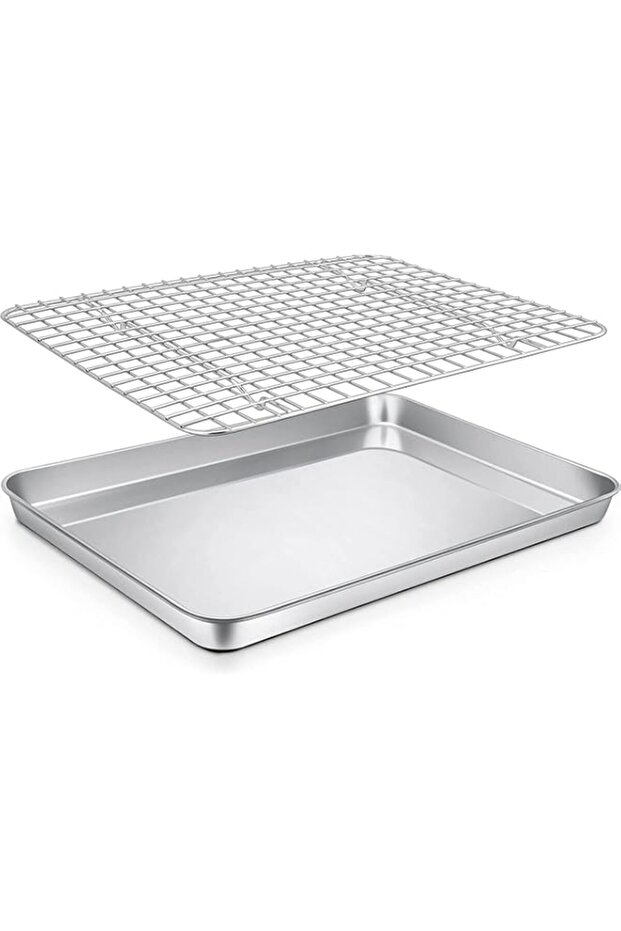Baking Sheet with Rack, Stainless Steel Baking Pan with Cooling Sheet, Non Toxic, Rust Free & Heavy Duty, Mirror Finish & Easy Clean for Baking Roasting Cooling, Dishwasher Safe (31.5 x 24.5 cm)