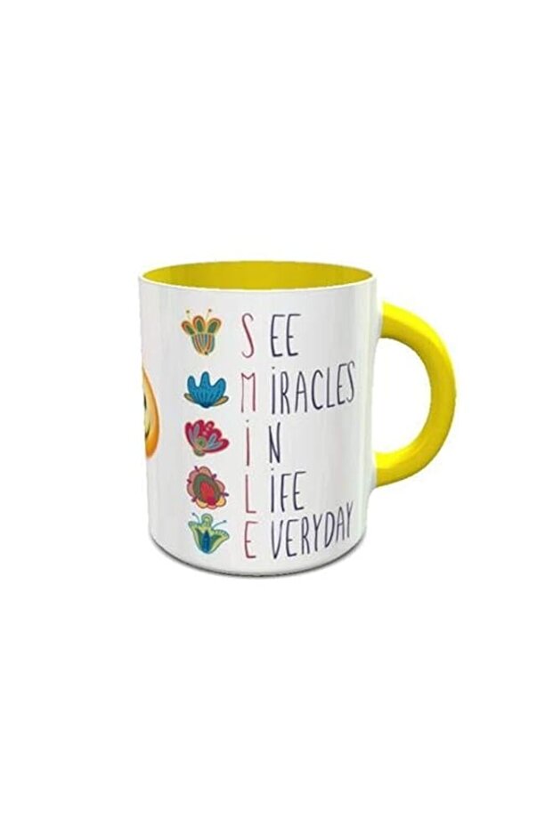 imPRESS White and Yellow Ceramic Coffee Mug with Smile Quote Design
