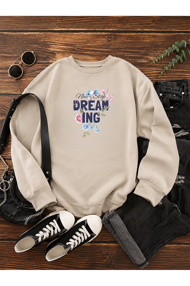 Women's Never Step Written Blue Floral Printed Comfortable Fit Crew Neck Beige Sweatshirt