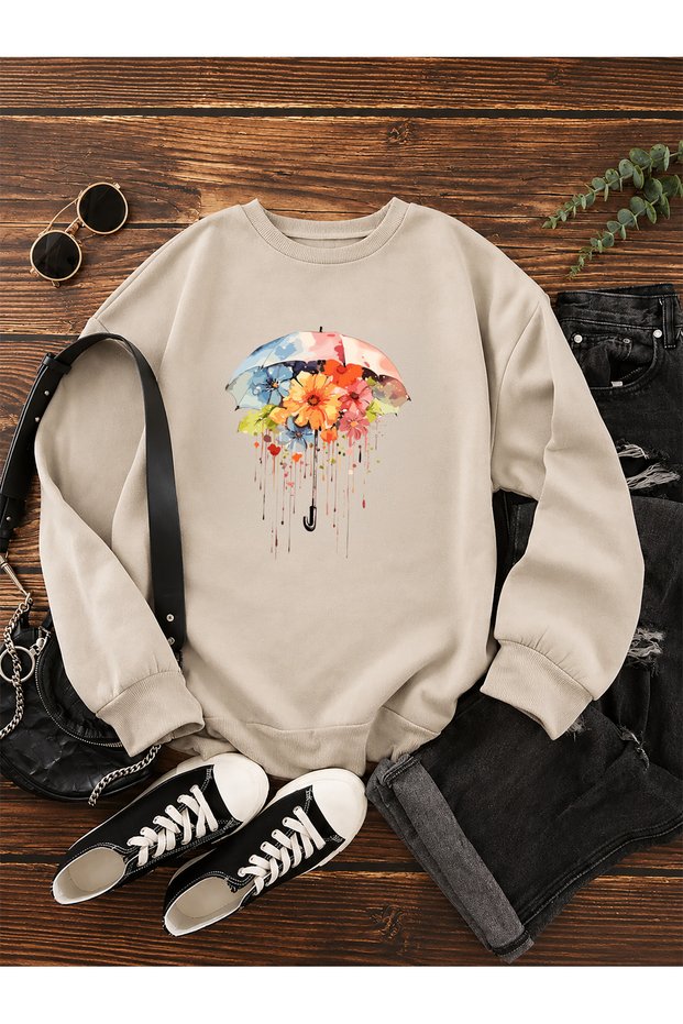 Floral Umbrella Printed Special Design Beige Sweatshirt