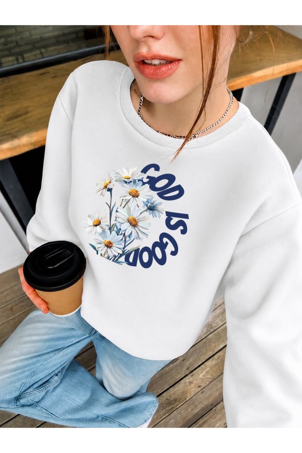 Good Is Papatya Printed Crew Neck Comfortable Fit White Sweatshirt