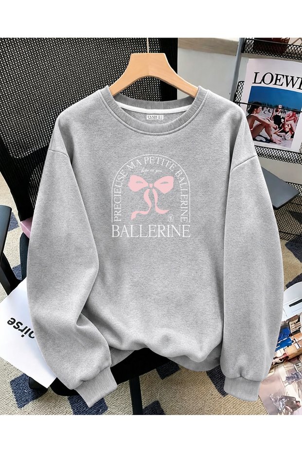 Women's Ballerine Written Bow Printed Comfortable Fit Crew Neck Gray Sweatshirt