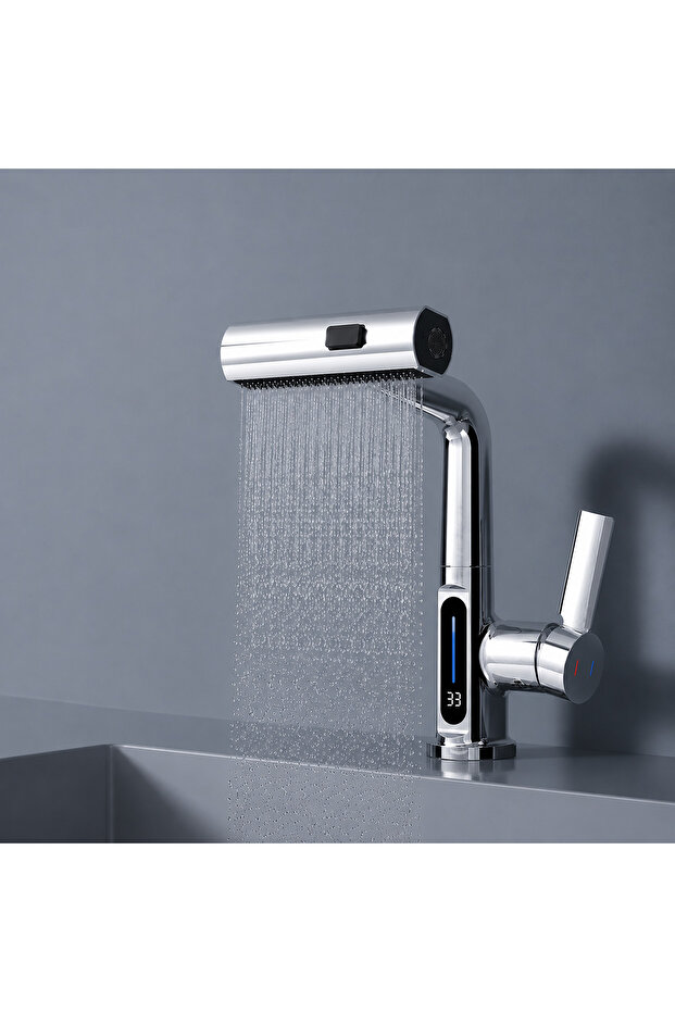 3-Mode Led Temperature Display Pull-Out Waterfall Faucet 360 ° Swivel Kitchen Bathroom Sink Faucet