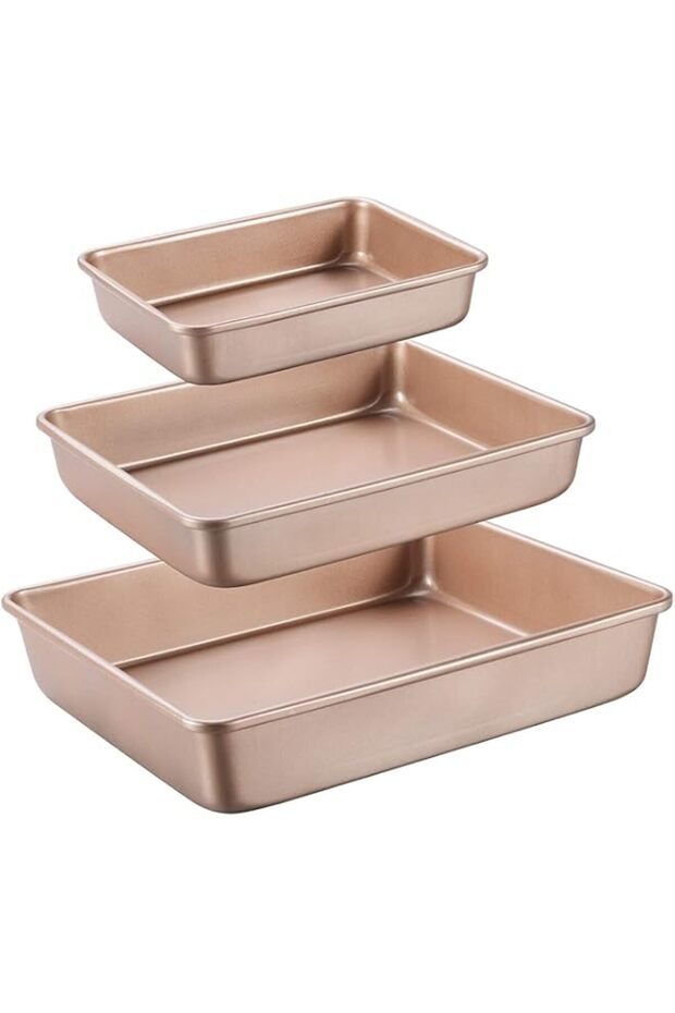AUTOYSUR Deep Baking Pans Sets Nonstick,Baking Sheets for Oven,Bakeware Rectangular Cake Pan Set,3 Piece,Gold