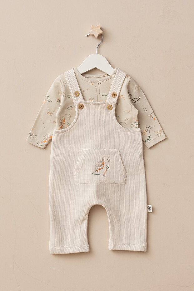 Baby Boy Dinosaur Patterned Waffle Salopet and Long Sleeve Badi 2-Piece Set