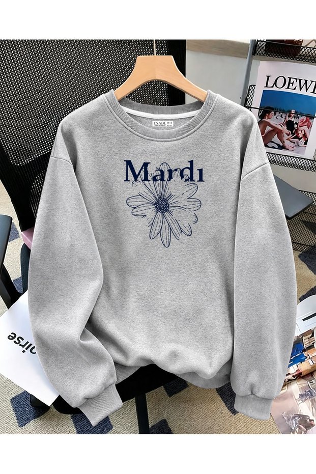 Women's Mardi Daisy Graphic Printed Comfortable Fit Crew Neck Gray Sweatshirt