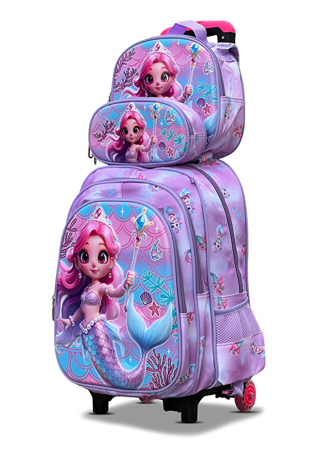 Aqua Queeny Kids 3 Pcs Set (Trolly School Bag, Lunch Bag, Pencil Pouch) Rolling Backpack with Wheels, Convertible, Large Capacity, Side Pockets