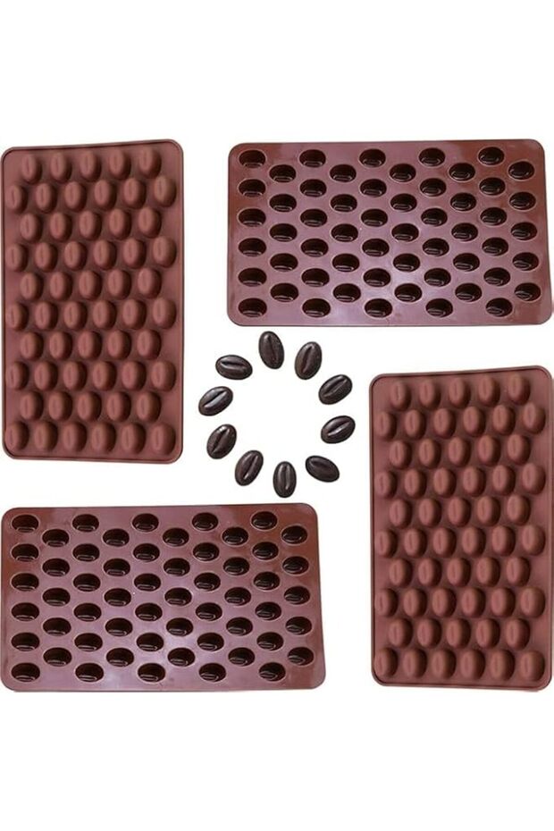 Coffee Bean Silicone Chocolate Mold, Brown, Food-Grade, 55-Cavity Mini Molds for Candy, Ice Cube, Jelly, DIY Cake Decoration, 4-Pack