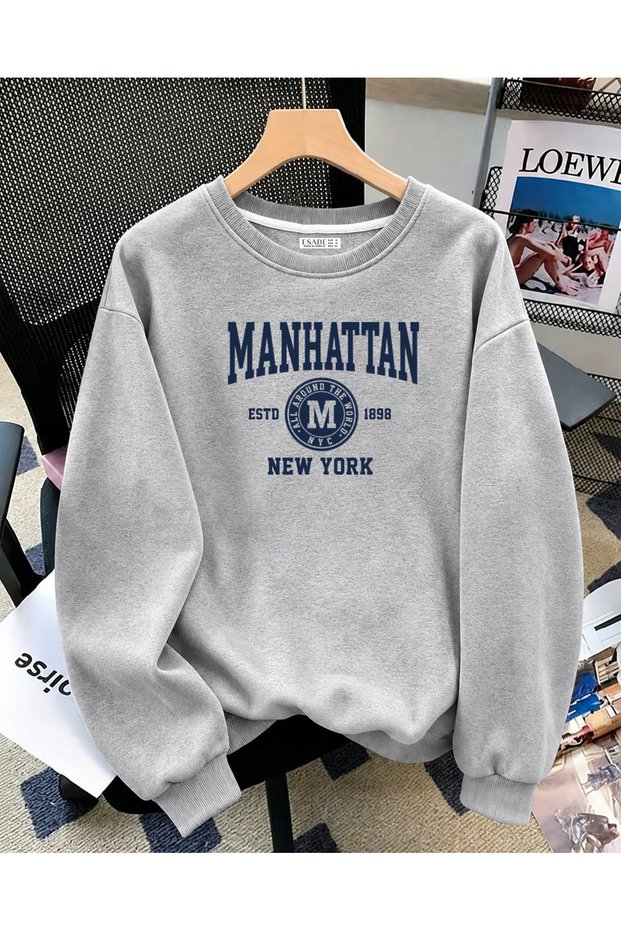 Women's Manhattan Estd 1898 Printed Comfortable Fit Crew Neck Gray Sweatshirt