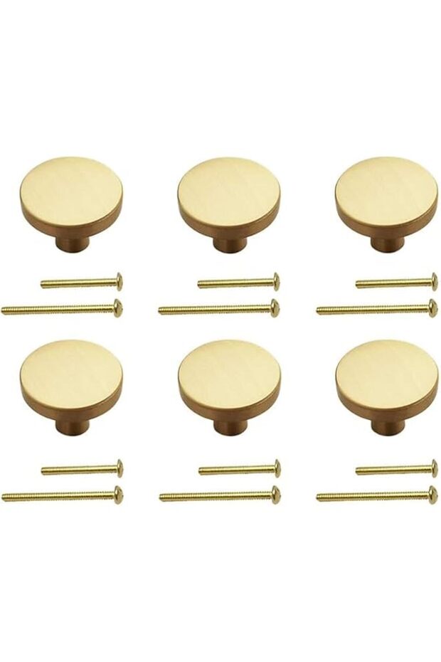 Cabinet Knobs, 30mm Round, Brushed Brass Gold, Set of 6, Drawer Pulls with Hardware
