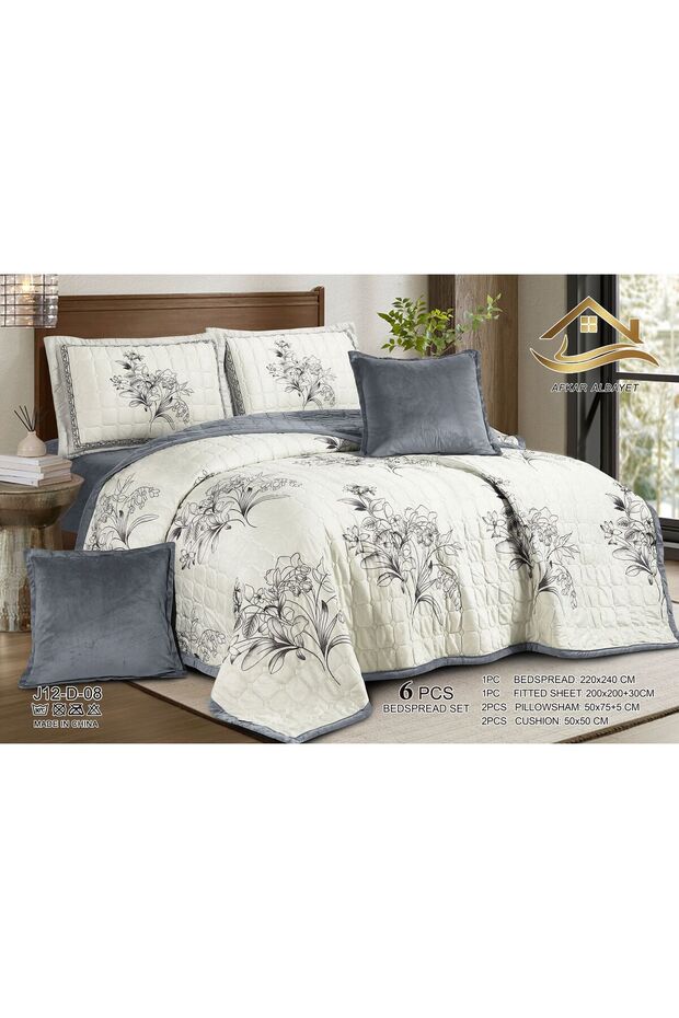 Nefren Premium Quality Velvet Compressed Bedding Set - 6 Pieces Quilted Rose Pattern with Elastic Sheet