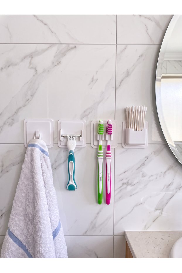 4-Piece Bathroom Organizer Set - Towel Rack, Shaving Razor Holder, Toothbrush Holder, and Earpick Holder