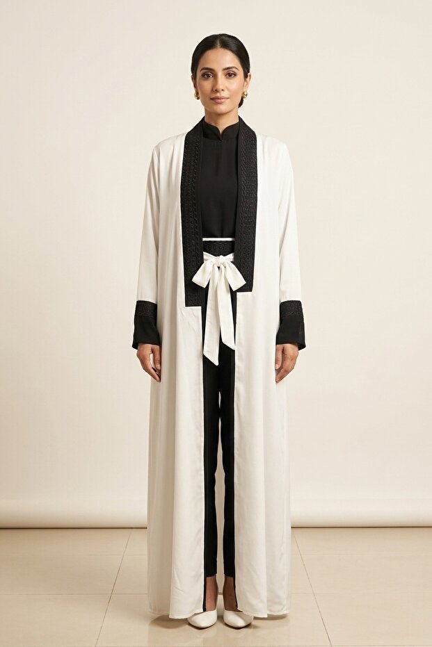 Women's Elegant White Open Front Abaya with Black Contrast Trim - Aisha | Modest Long Sleeve Maxi...
