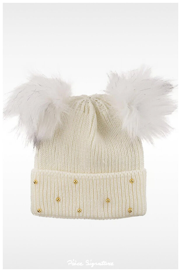 Winter Beaded Double Pompom Knitted Women's Beret