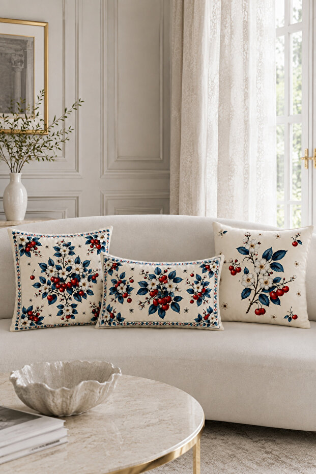 Cherry Blossom Patterned 3-Piece Decorative Throw Pillow Cover Set