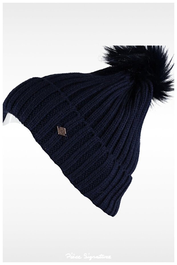 Quality Navy Blue Fox Beret with Pompoms for Women