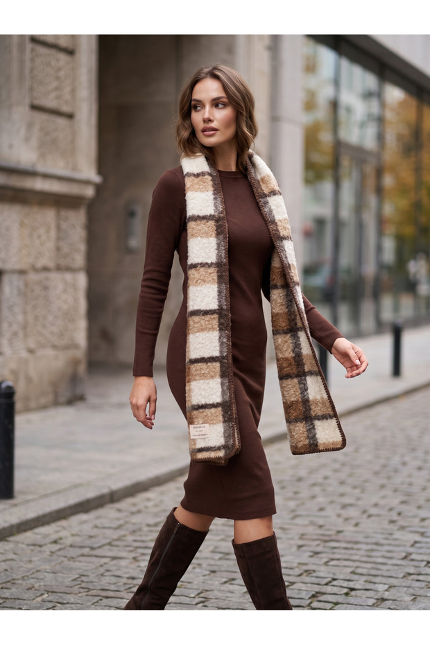 Women's Beige Block Checkered Soft Textured Winter Scarf-Shawl Sal1325