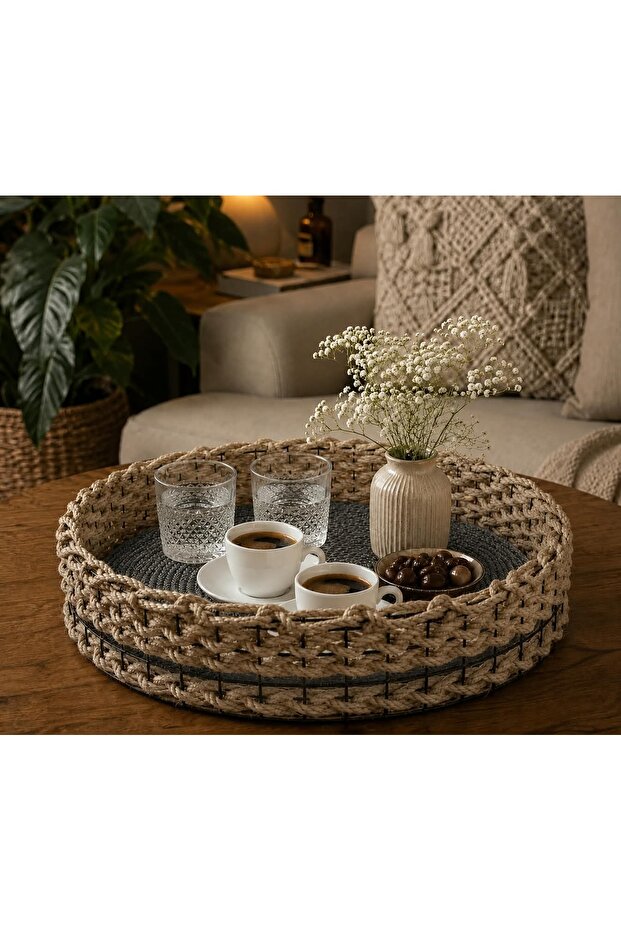 Wicker Weave Anthracite Gray Base Rustic Design Decorative Tray Made with Ecological Materials