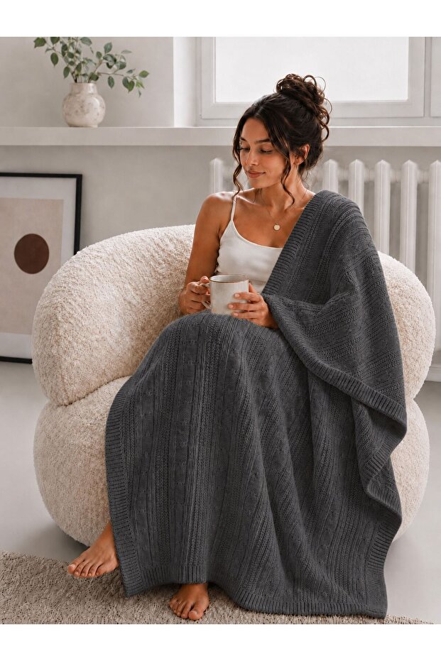 Tri̇ko Wool Knitted Tv Blanket-Sofa Shawl-Shoulder Shawl-Knee Blanket