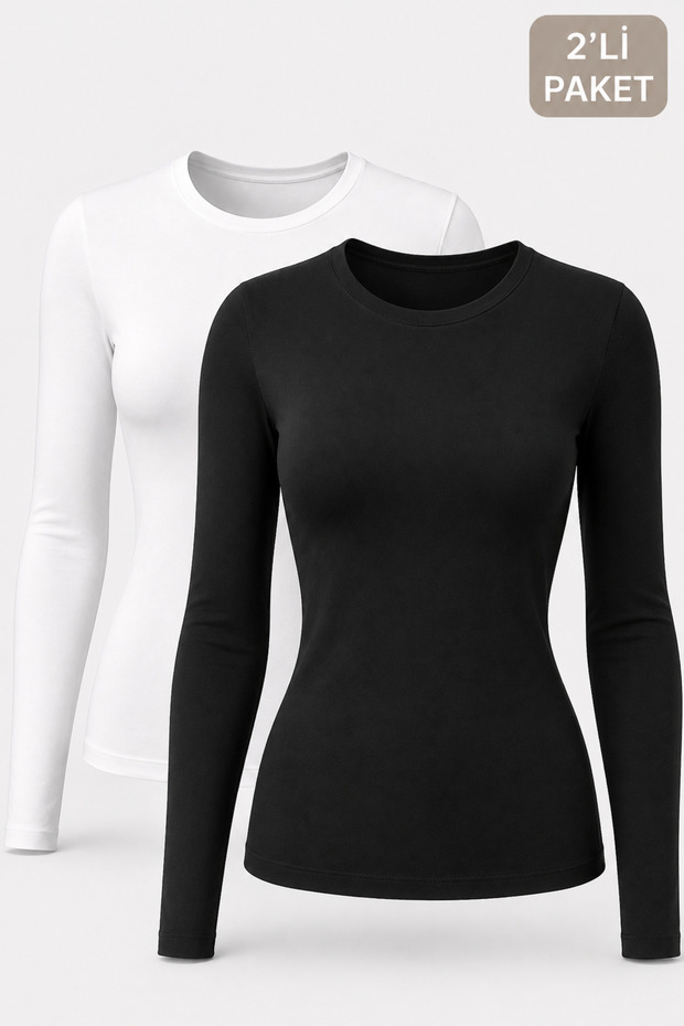 Women's Black Round Neck Long Sleeve Stretchy Knitted Slim Fit T-Shirt (Pack of 2)