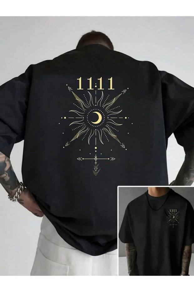 11.11 Printed Unisex Oversize Printed Crew Neck Short Sleeve Black T-Shirt