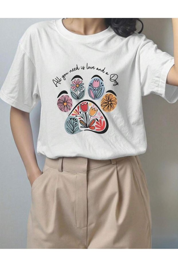 Pawed Dog Love Printed Short Sleeve White Tshirt