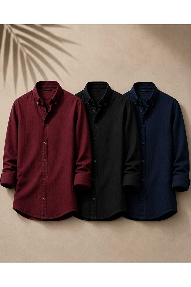 Men's Burgundy Black Navy Blue 3-Pack Easy-Iron 100% Cotton Linen-Look Breathable Anti-Sweat