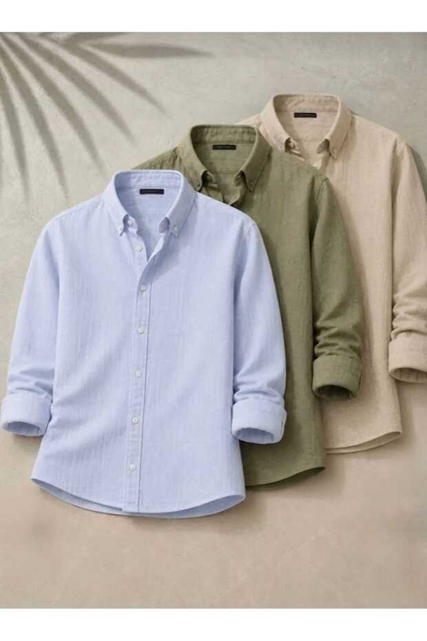 Men's Blue Khaki Beige 3-Pack Easy-Iron 100% Cotton Linen-Look Breathable Anti-Sweat
